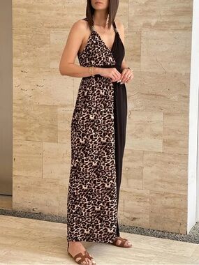 Lascana Venus Sleeveless Black Maxi Dress with Leopard Accent size medium
